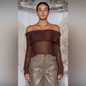 Elegant Off-Shoulder Brown Sweater